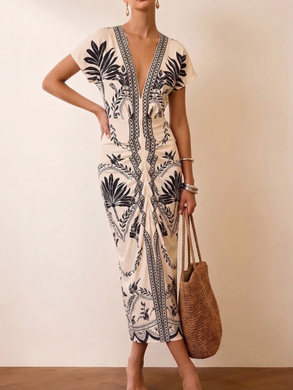 Commense Palm Leaf Print Deep V Neck Maxi Dress